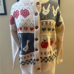 Farmhouse Animal Cardigan Sweater Apple Picking Chicken Duck Multicolored OS